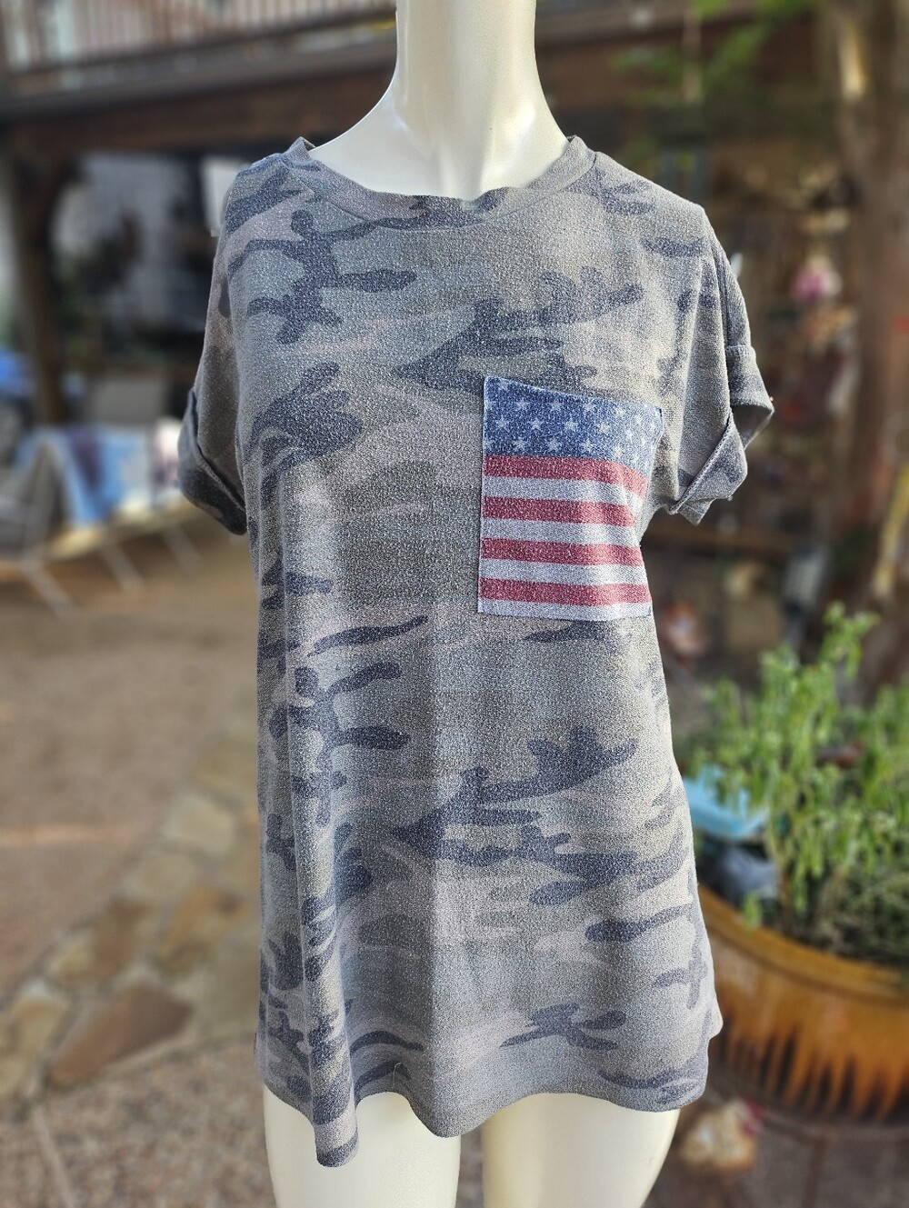 12PM by MON AMI Distressed Soft Cotton Camo Tee with American Flag Pocket L